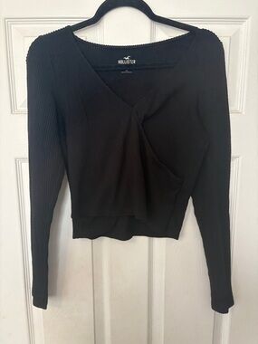 Hollister Black Ribbed Wrap-Front Long Sleeve Cropped Top